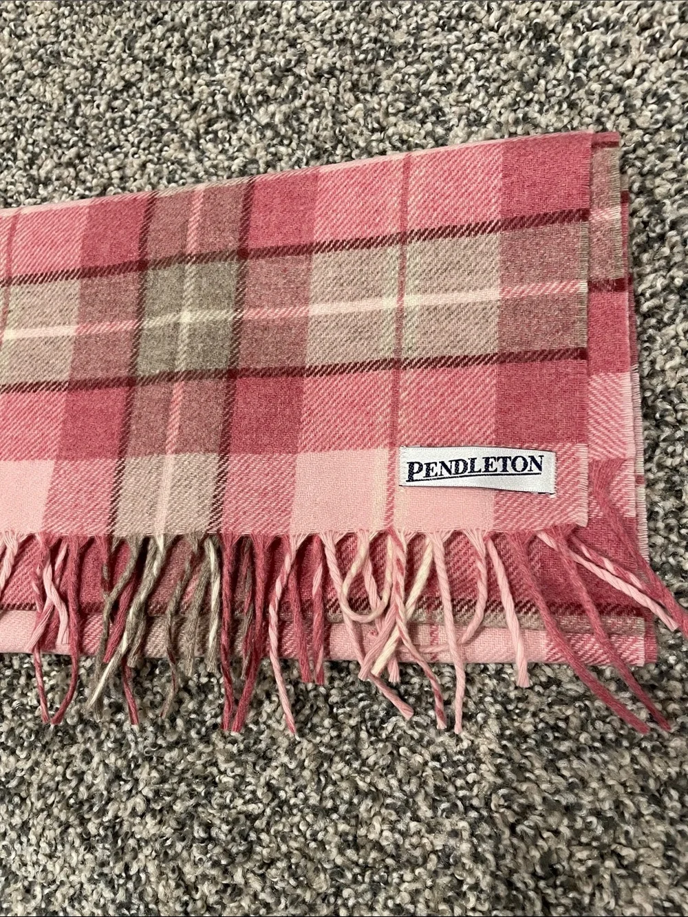 Pendleton Pink Plaid Wool Fringe Scarf